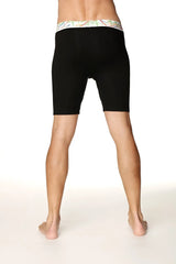 Black yoga compression shorts with colorful patterned waistband designed for support and flexibility