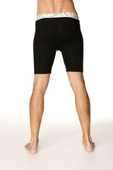 Black yoga compression shorts with colorful patterned waistband designed for support and flexibility