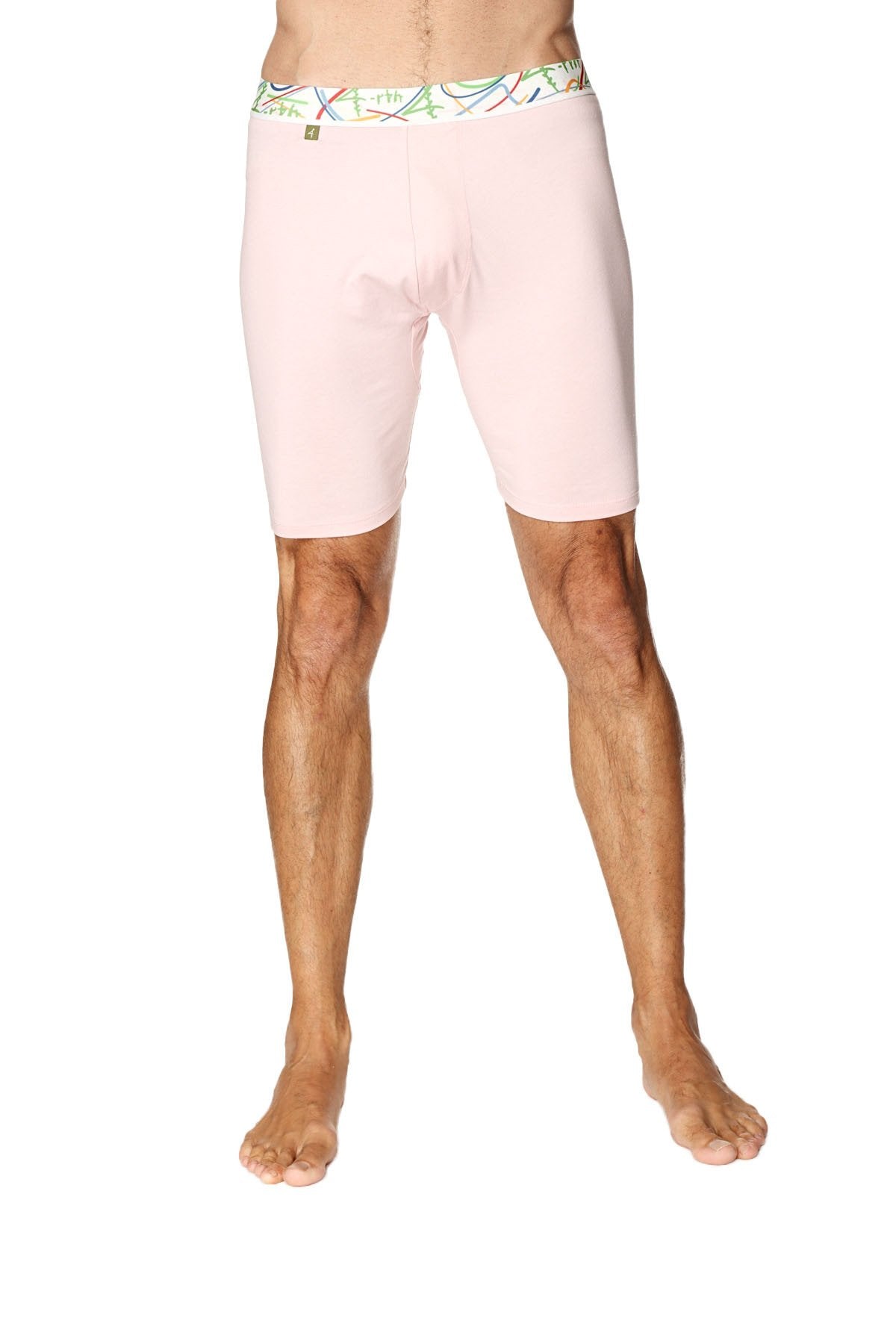 Pink men’s yoga compression shorts with colorful patterned waistband designed for support and flexibility
