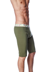 Olive green yoga compression shorts with colorful patterned waistband designed for flexible activewear use