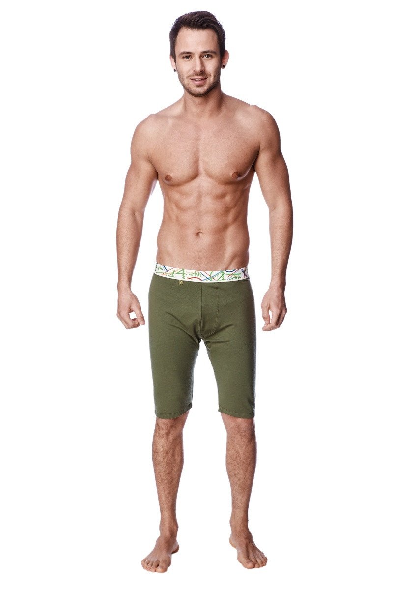 Olive green men’s yoga compression shorts with patterned waistband designed for support and flexibility