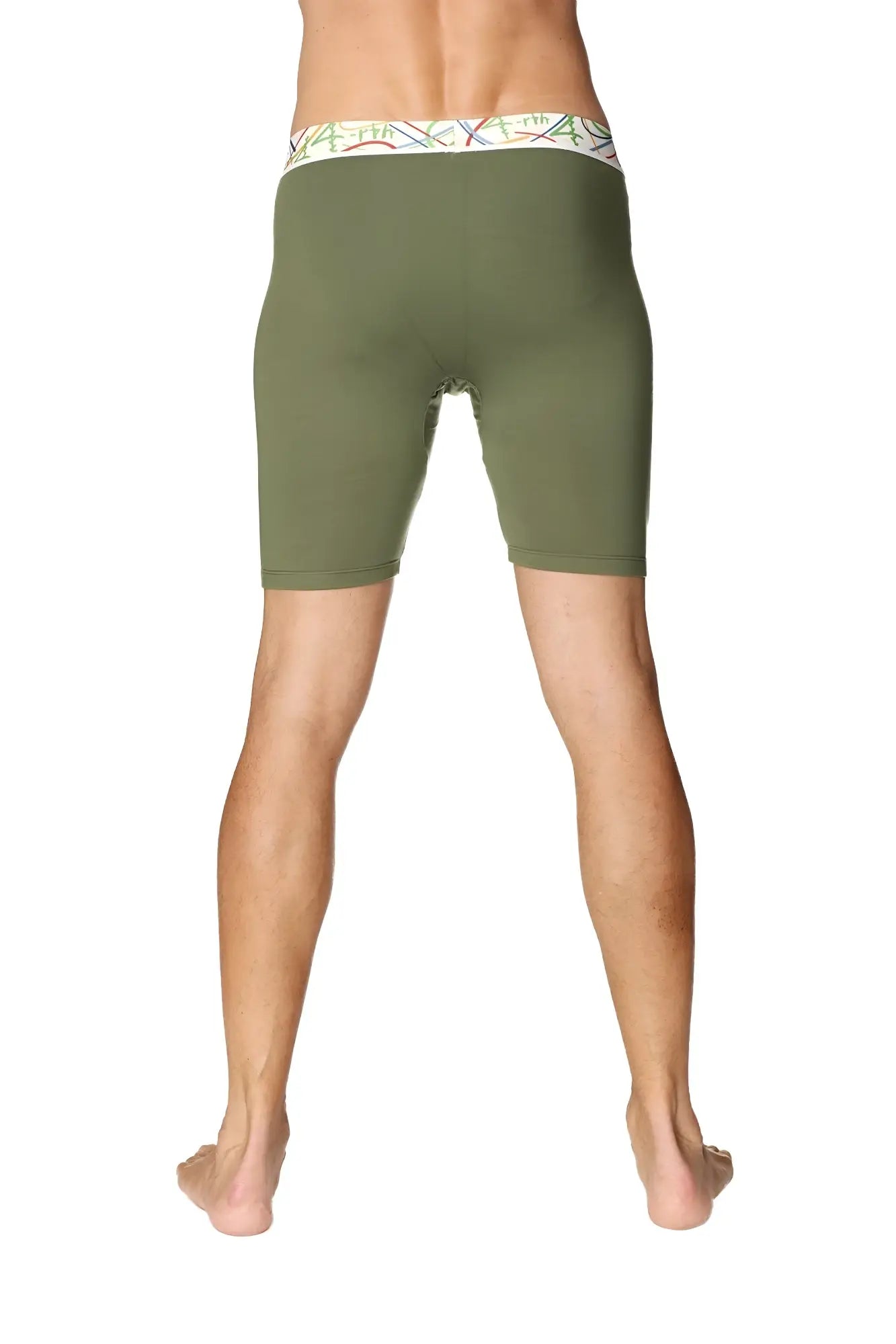 Yoga compression shorts in rainforest green with olive green fabric and a colorful patterned waistband for men