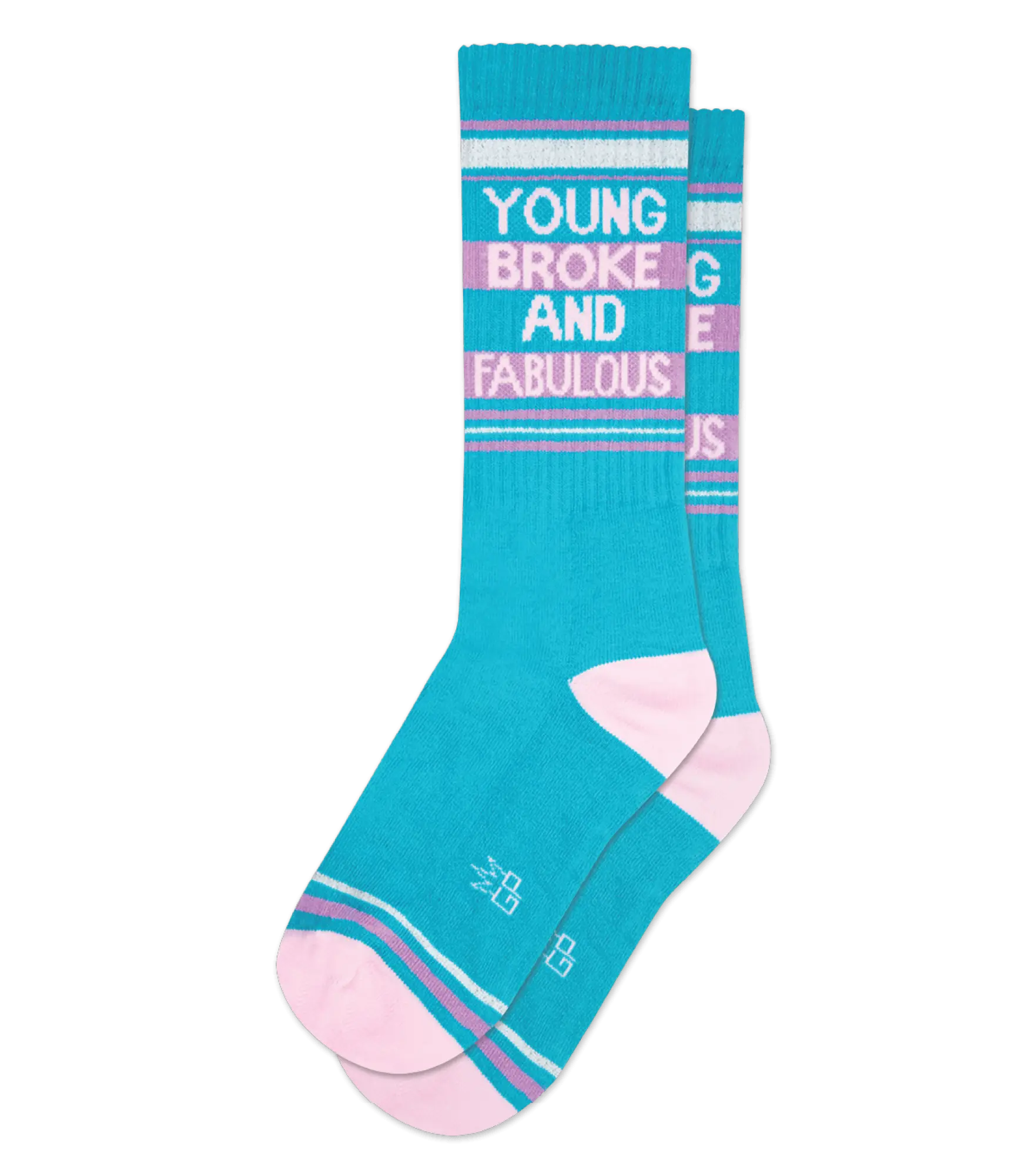 Teal and pink striped crew socks with young broke and fabulous printed in white for casual wear