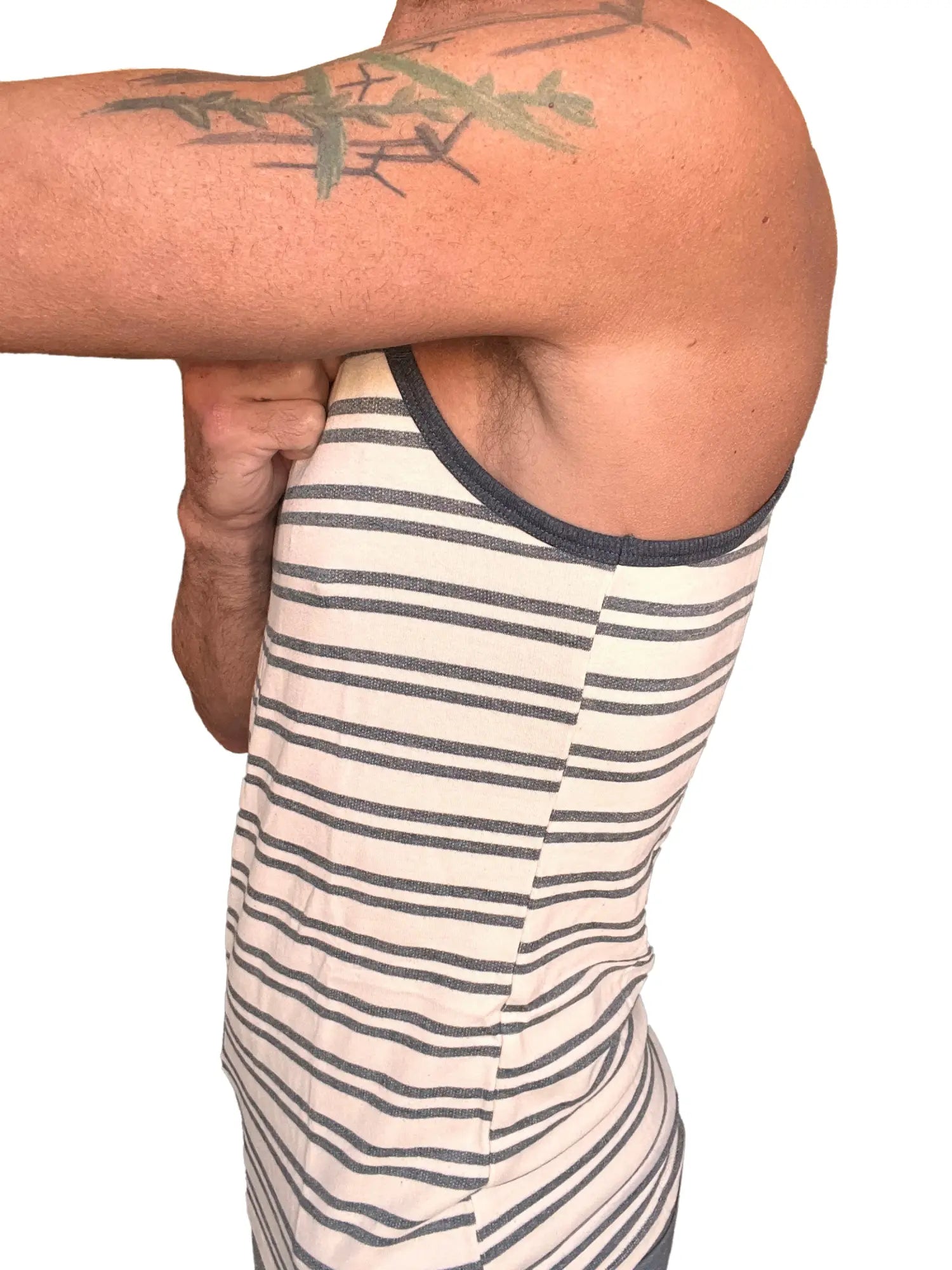 Yummy nautical fleece sustain tank top with horizontal navy and off-white stripes and dark blue ribbed neckline
