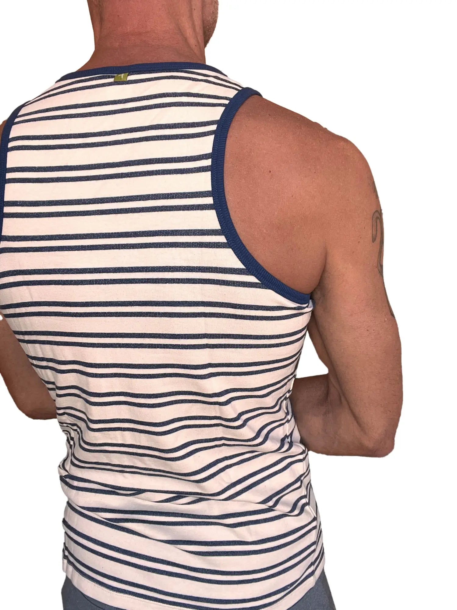 Yummy Nautical fleece sustain tank top navy stripe with navy and off-white stripes and ribbed blue trim neckline and armholes
