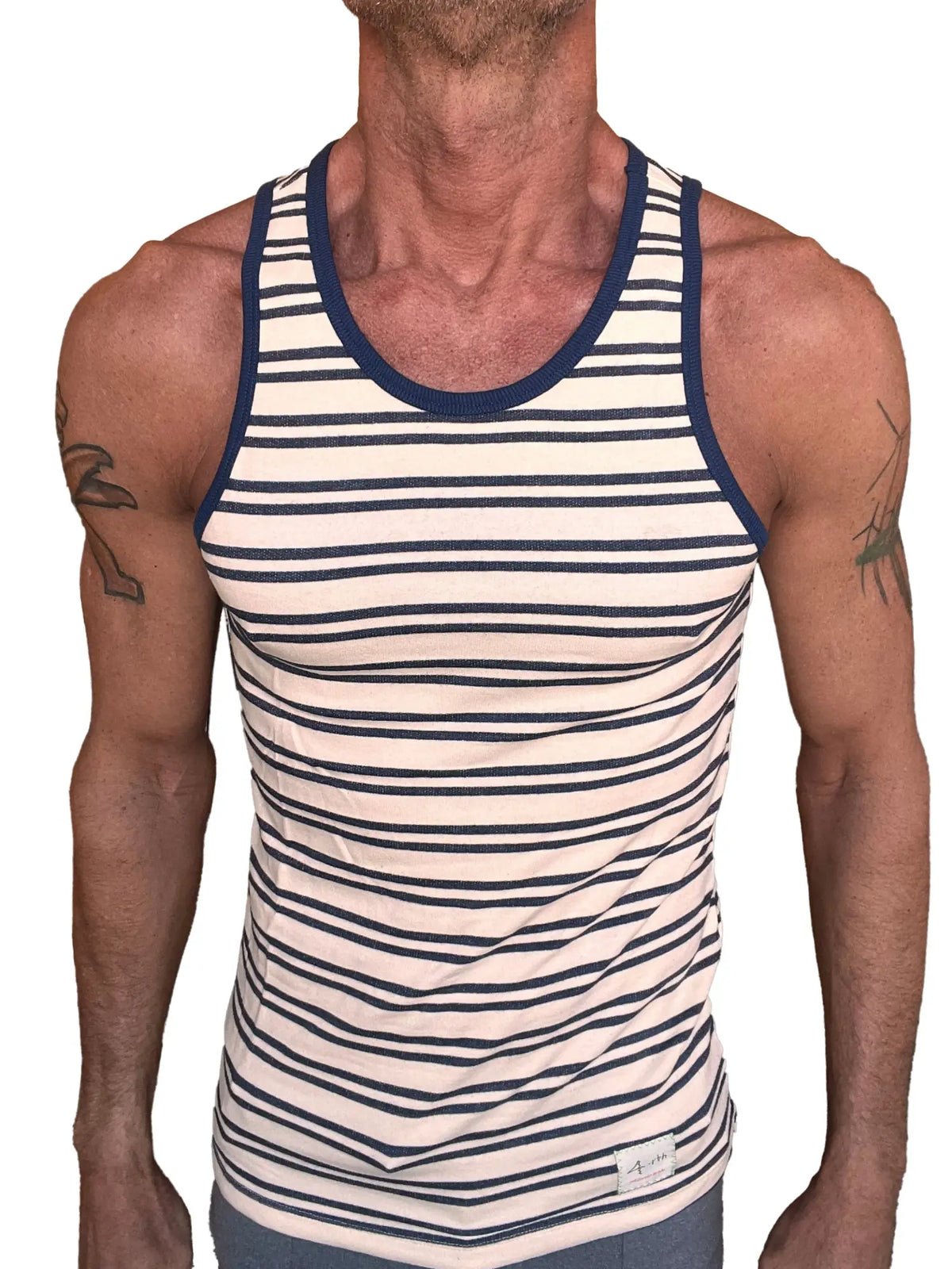 Navy and off-white striped Yummy Nautical Fleece Sustain tank top with ribbed neckline and sleeveless design