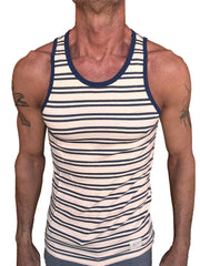 Navy and off-white striped Yummy Nautical Fleece Sustain tank top with ribbed neckline and sleeveless design
