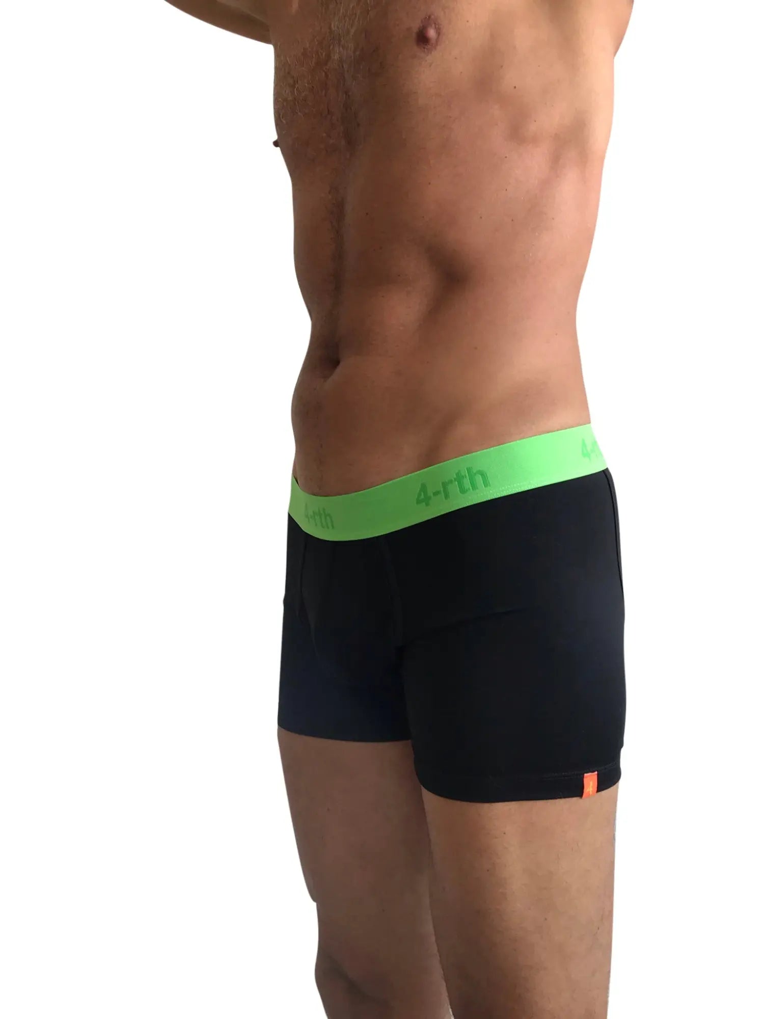 Black zen boxer brief with bright green waistband featuring 4-rth logo and orange side tag front view
