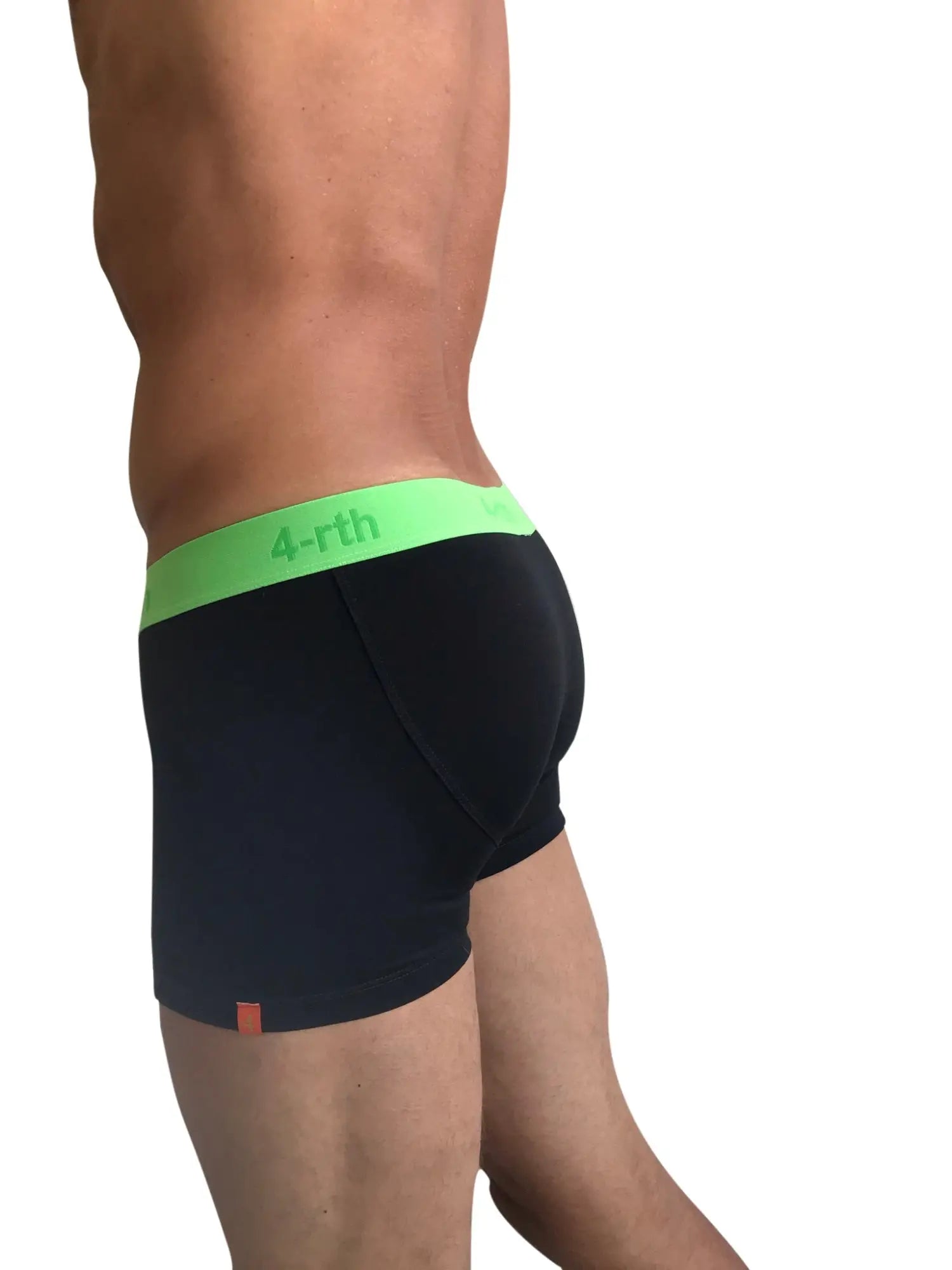 Black zen boxer brief with bright green waistband and 4-rth logo, comfortable and supportive underwear