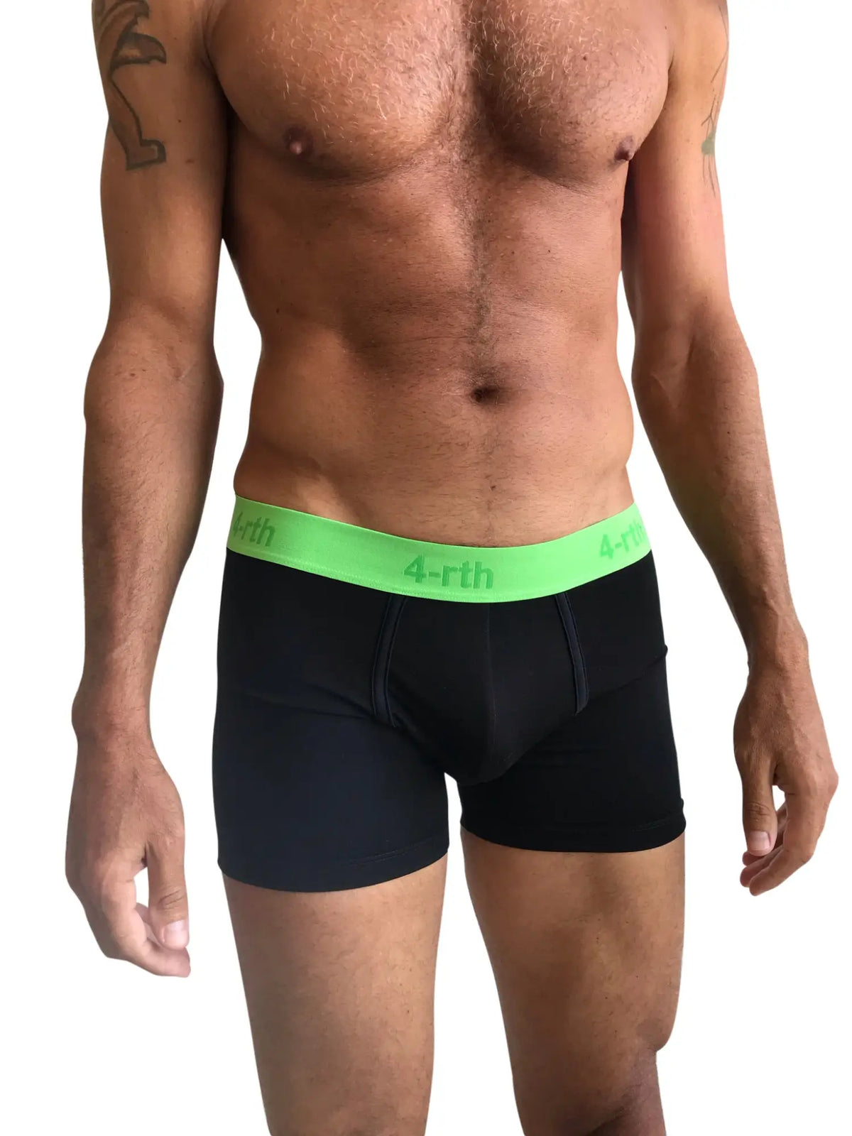 Black zen boxer briefs with neon green 4-rth waistband designed for comfort and support