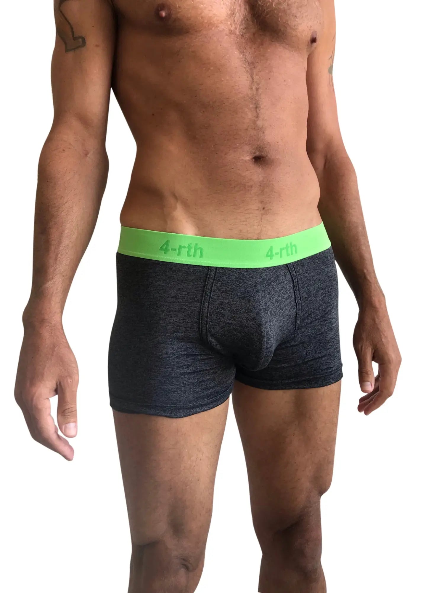 Dark gray heathered zen boxer briefs with bright neon green waistband featuring 4-rth logo front view