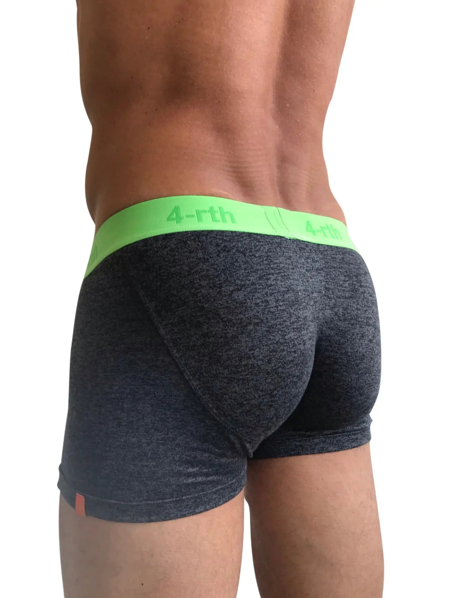 Dark gray heathered charcoal grey boxer briefs with bright neon green 4-rth branded waistband zen boxer brief