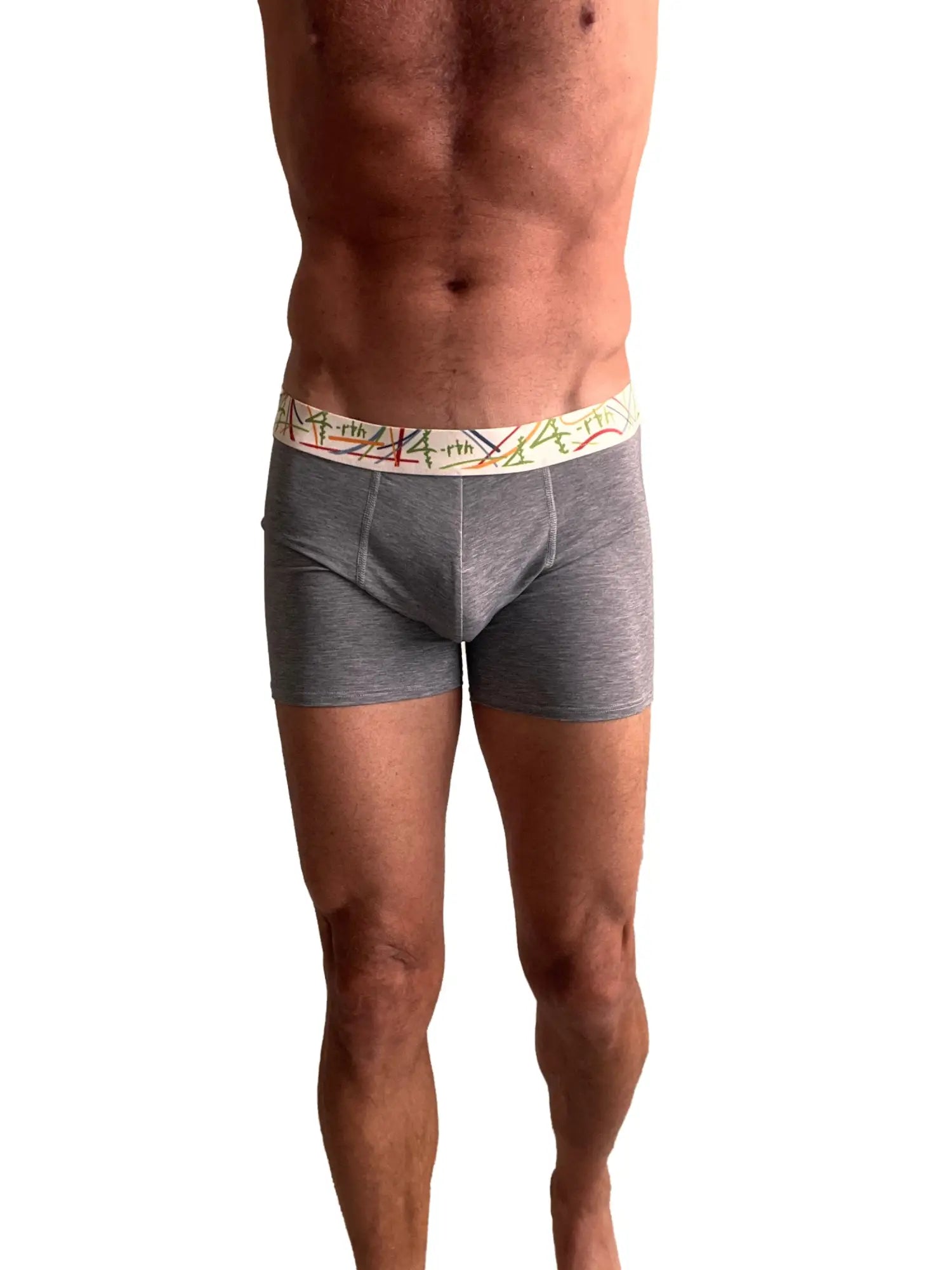 Zen boxer brief charcoal grey stripe made of gray heathered fabric with a colorful patterned waistband