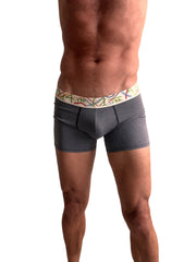 Zen boxer brief charcoal grey stripe with gray textured fabric and colorful geometric patterned waistband for comfort