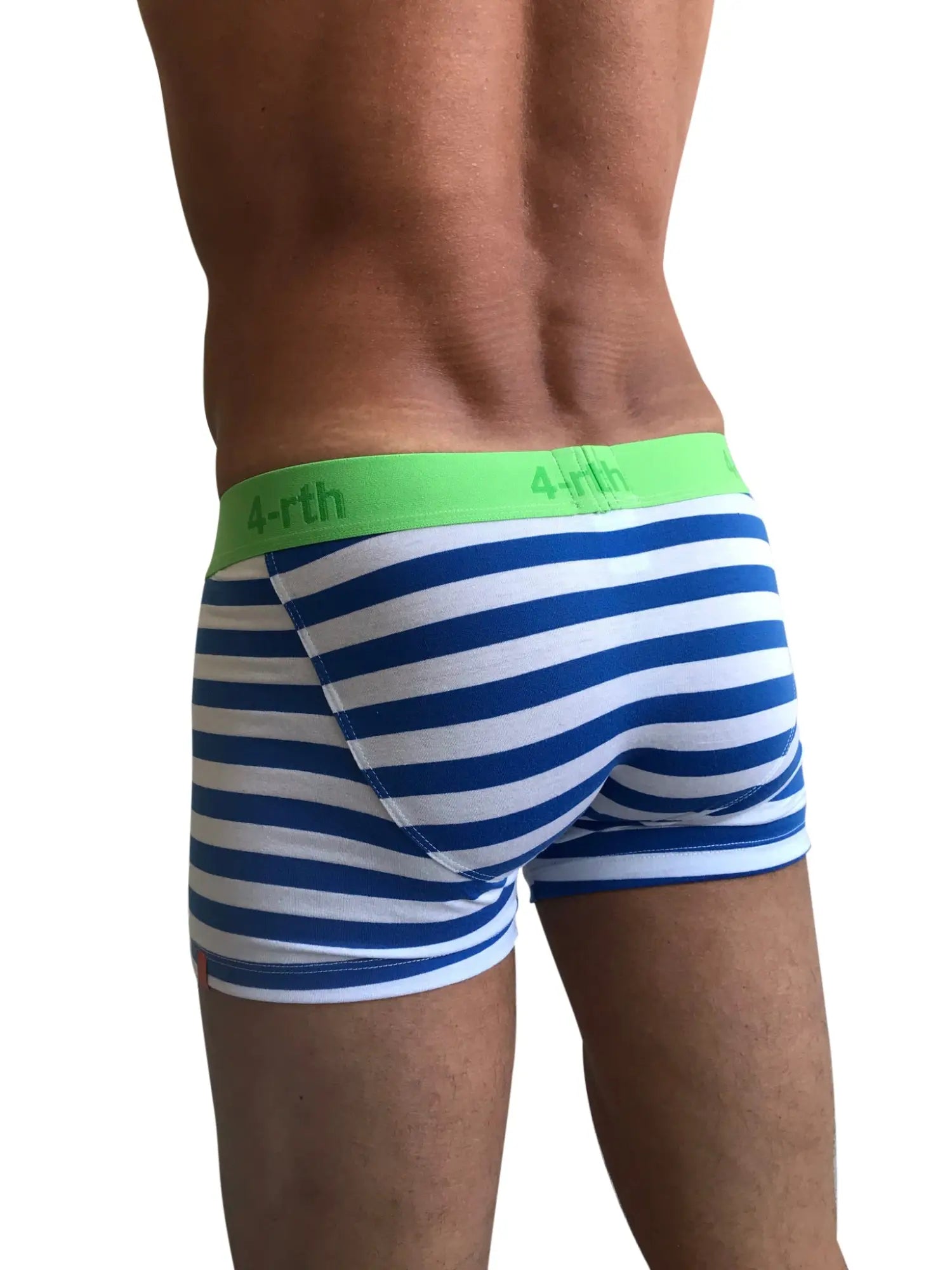 Zen boxer brief nautical blue stripe with blue and white stripes and bright green 4-rth logo waistband