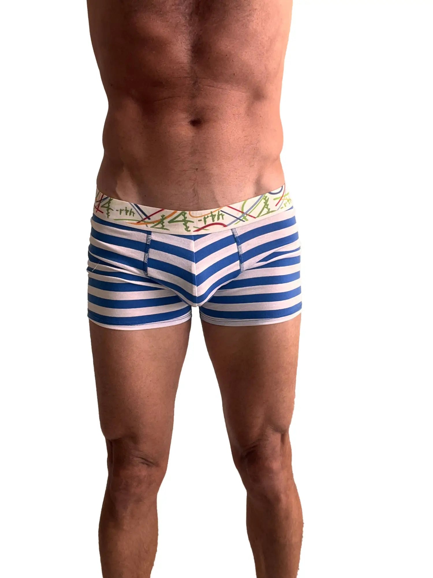 Zen boxer brief nautical blue stripe men’s blue and white striped cotton boxer briefs with colorful elastic waistband