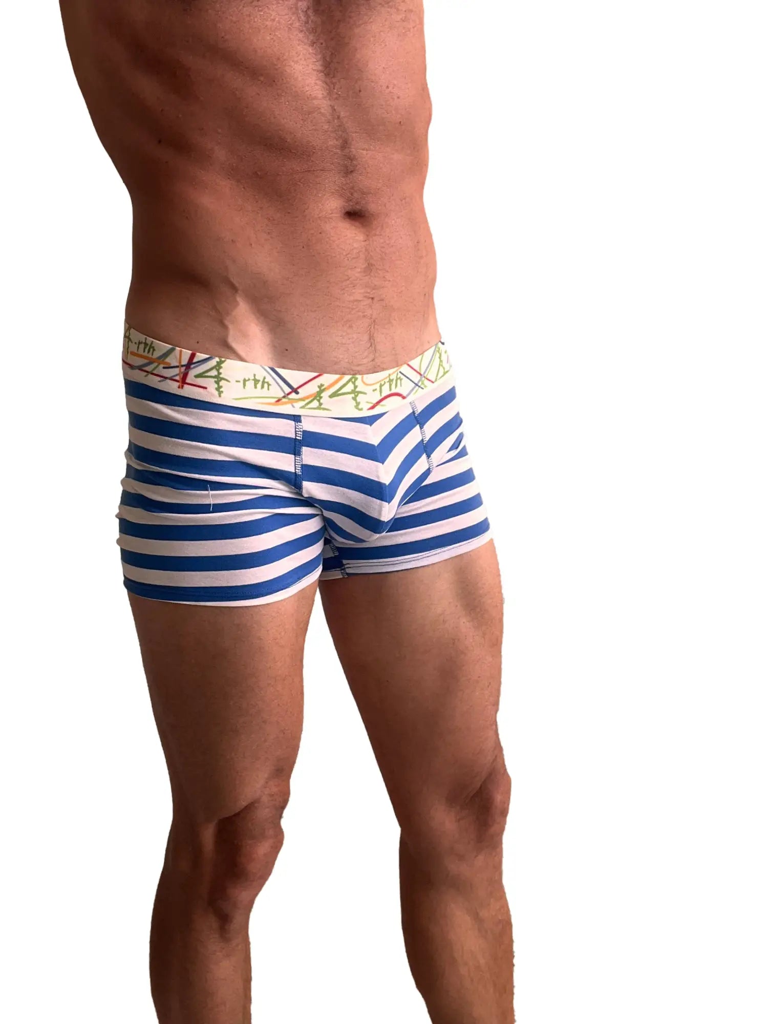 Zen boxer brief nautical blue stripe men’s boxer briefs with blue and white stripes and colorful patterned waistband