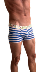 Zen boxer brief nautical blue stripe men’s boxer briefs with blue and white stripes and colorful patterned waistband