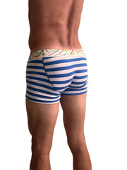 Zen boxer brief nautical blue stripe featuring blue and white stripes with a colorful abstract waistband pattern