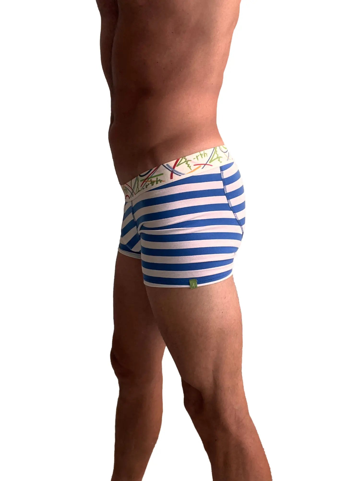 Zen boxer brief nautical blue stripe featuring blue and white stripes with a colorful doodle style waistband pattern