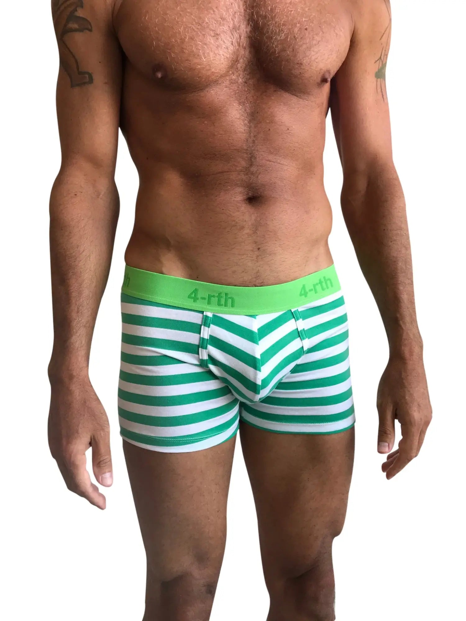 Green and white striped zen boxer briefs with bright green 4-rth waistband in nautical green stripe design