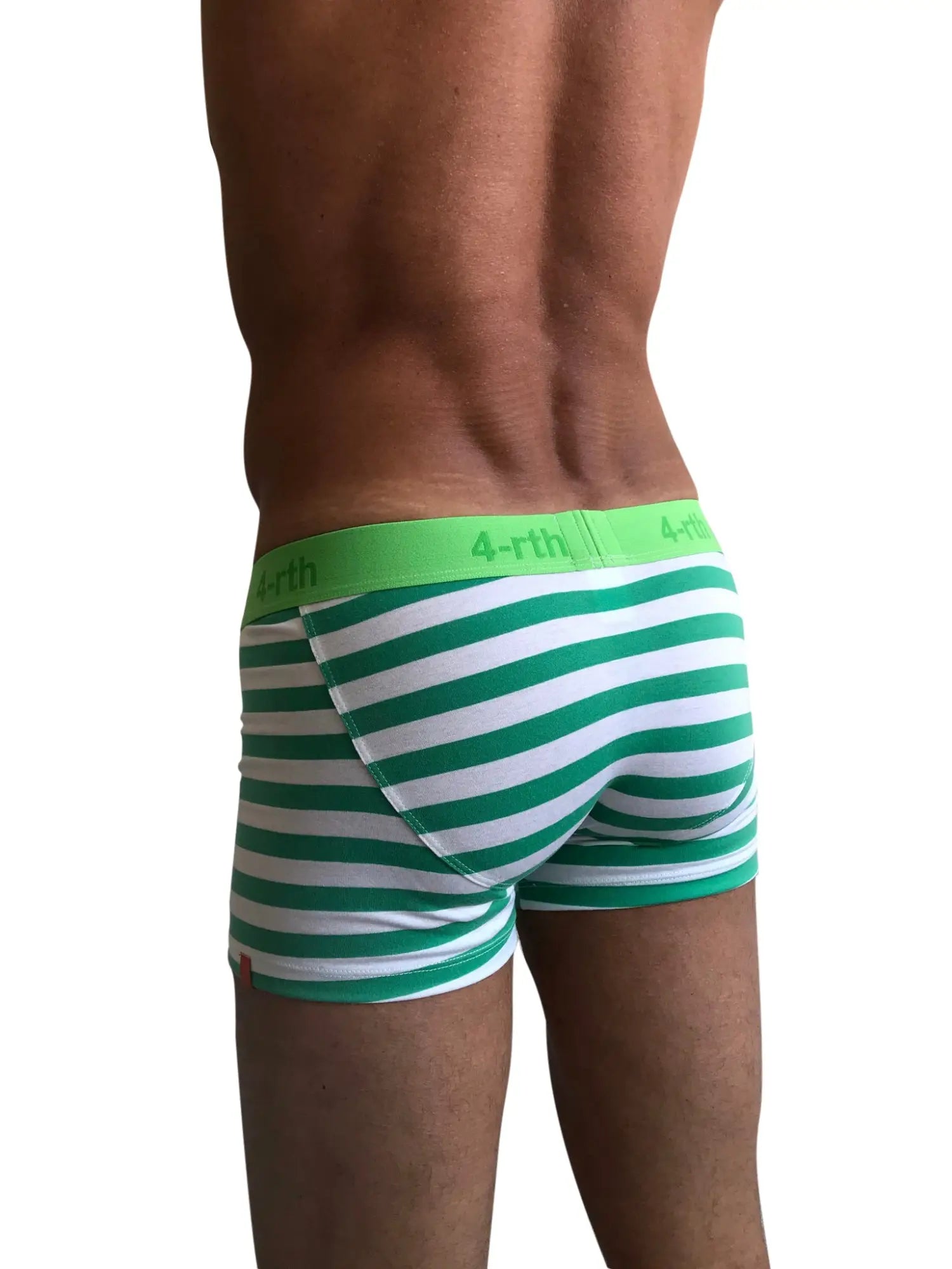 Green and white striped zen boxer briefs with bright green elastic waistband featuring 4-rth logo in nautical green stripe