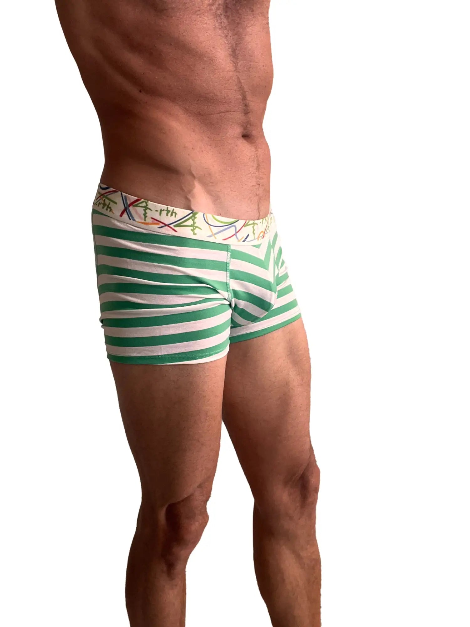 Zen boxer brief nautical green stripe featuring green and white stripes and a colorful abstract waistband pattern