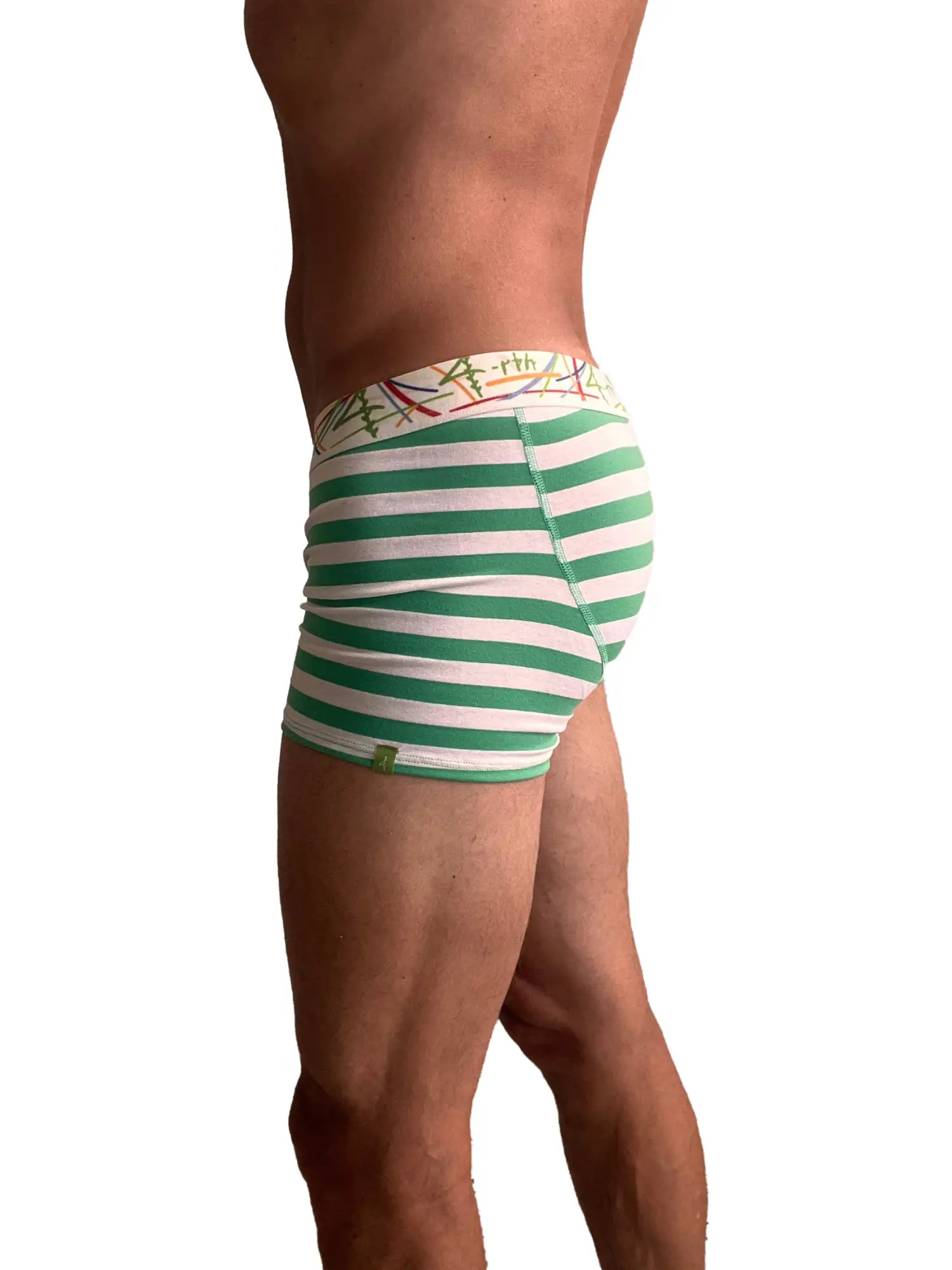 Green and white striped men’s boxer briefs with a colorful abstract waistband titled Zen boxer brief Nautical Green Stripe
