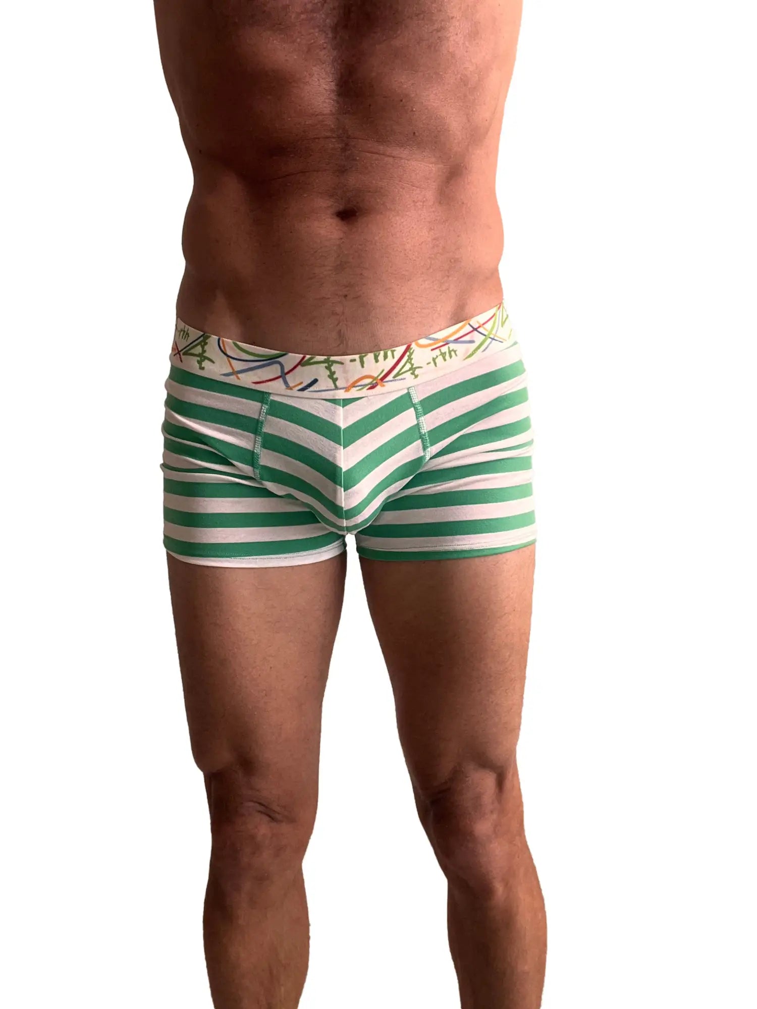 Zen boxer brief nautical green stripe green and white striped men’s underwear with colorful abstract waistband pattern