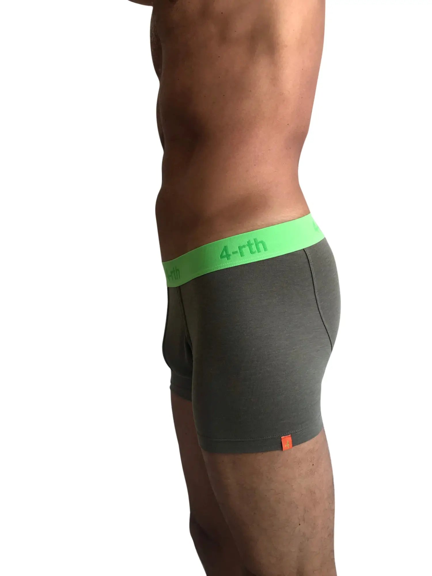 Gray zen boxer briefs with bright green 4-rth waistband and orange leg tag in rainforest army green color