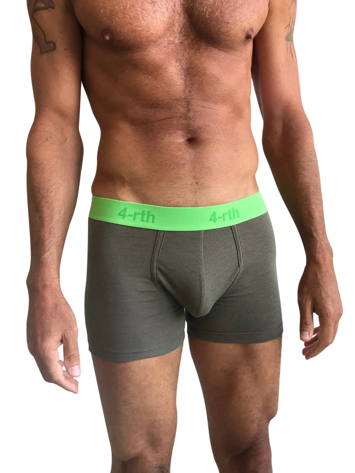 Olive green 4-rth brand zen boxer brief with bright lime green waistband in rainforest army green color