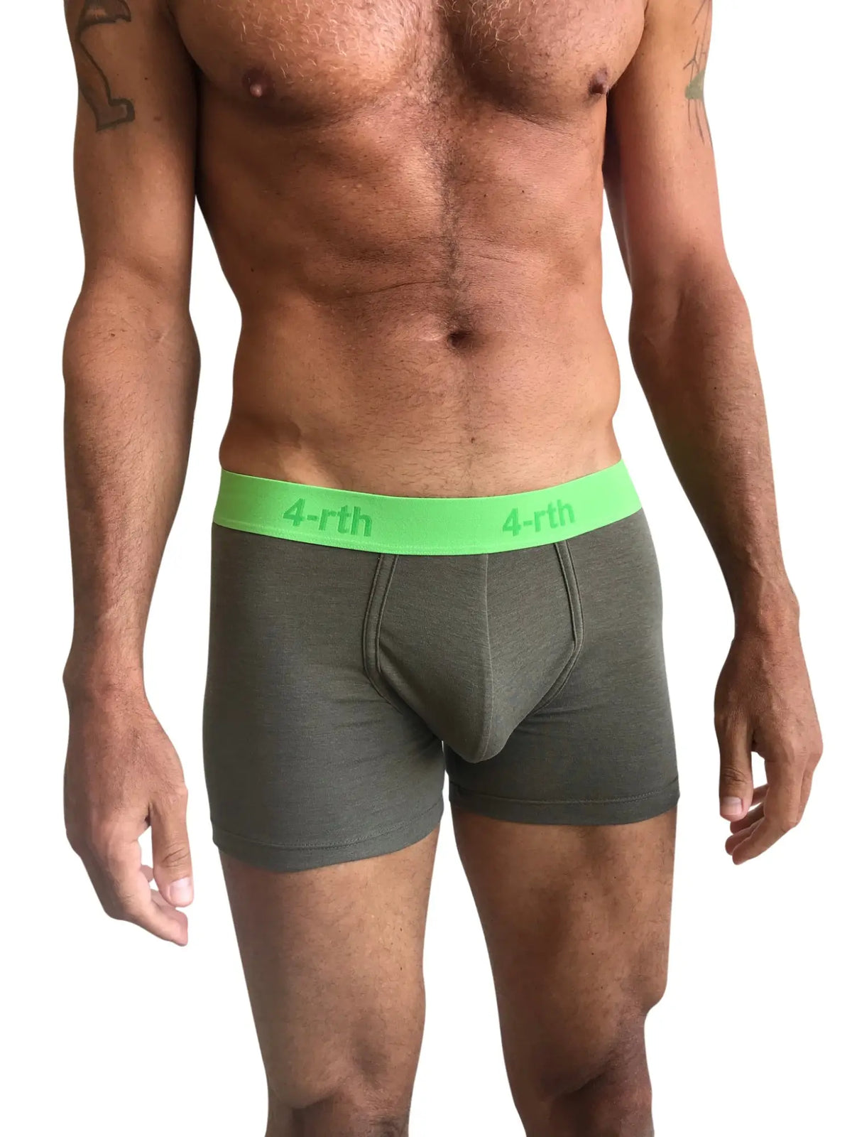 Olive green 4-rth brand zen boxer brief with bright lime green waistband in rainforest army green color