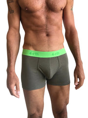 Olive green 4-rth brand zen boxer brief with bright lime green waistband in rainforest army green color