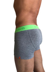 Zen boxer brief steel heather grey in gray heathered fabric with neon green waistband featuring 4-rth logo