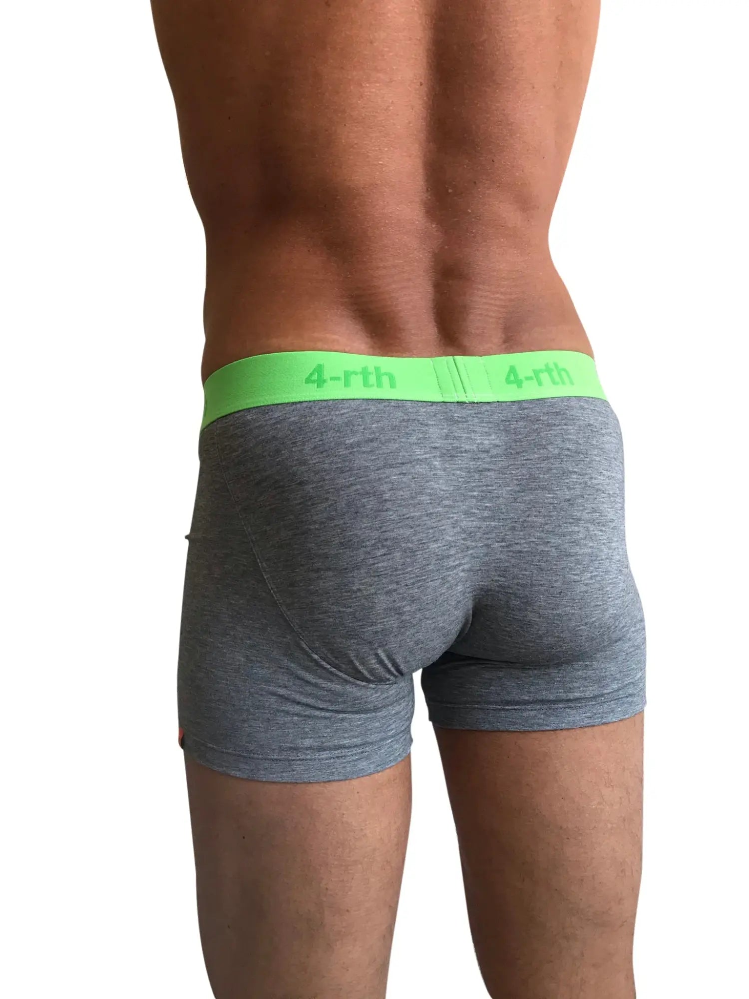 Gray heathered Zen boxer brief with neon green waistband featuring the 4-rth logo in steel heather grey