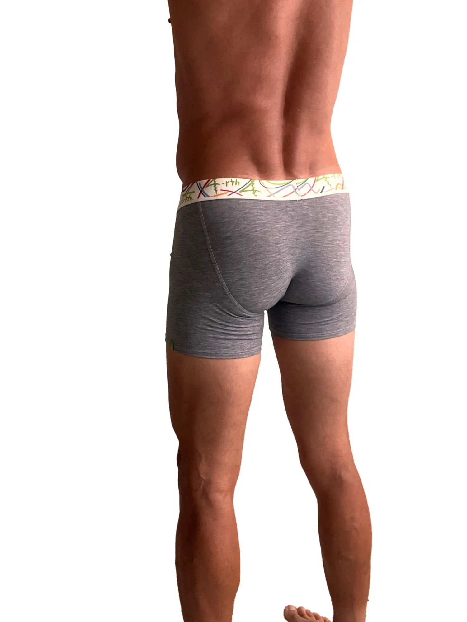 Gray heathered zen boxer briefs with a colorful patterned waistband in steel heather grey color