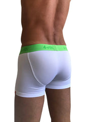 White zen boxer briefs with a bright green waistband featuring the 4-rth logo for comfortable everyday wear