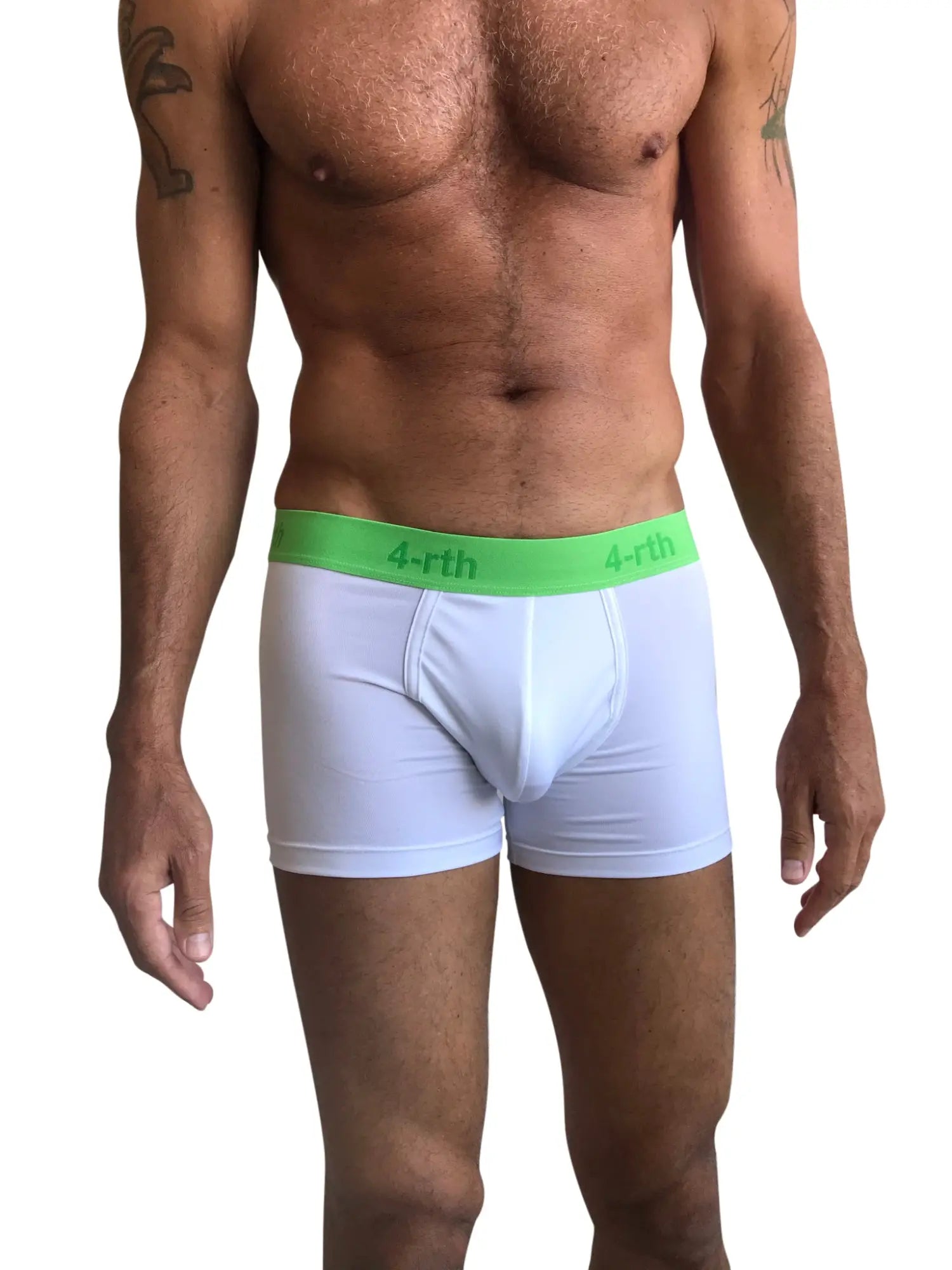 White zen boxer brief with bright green 4-rth logo waistband designed for comfortable everyday wear