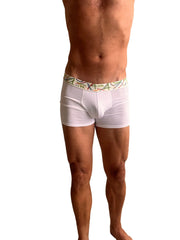 White zen boxer briefs with a colorful green and orange patterned waistband for comfortable everyday wear