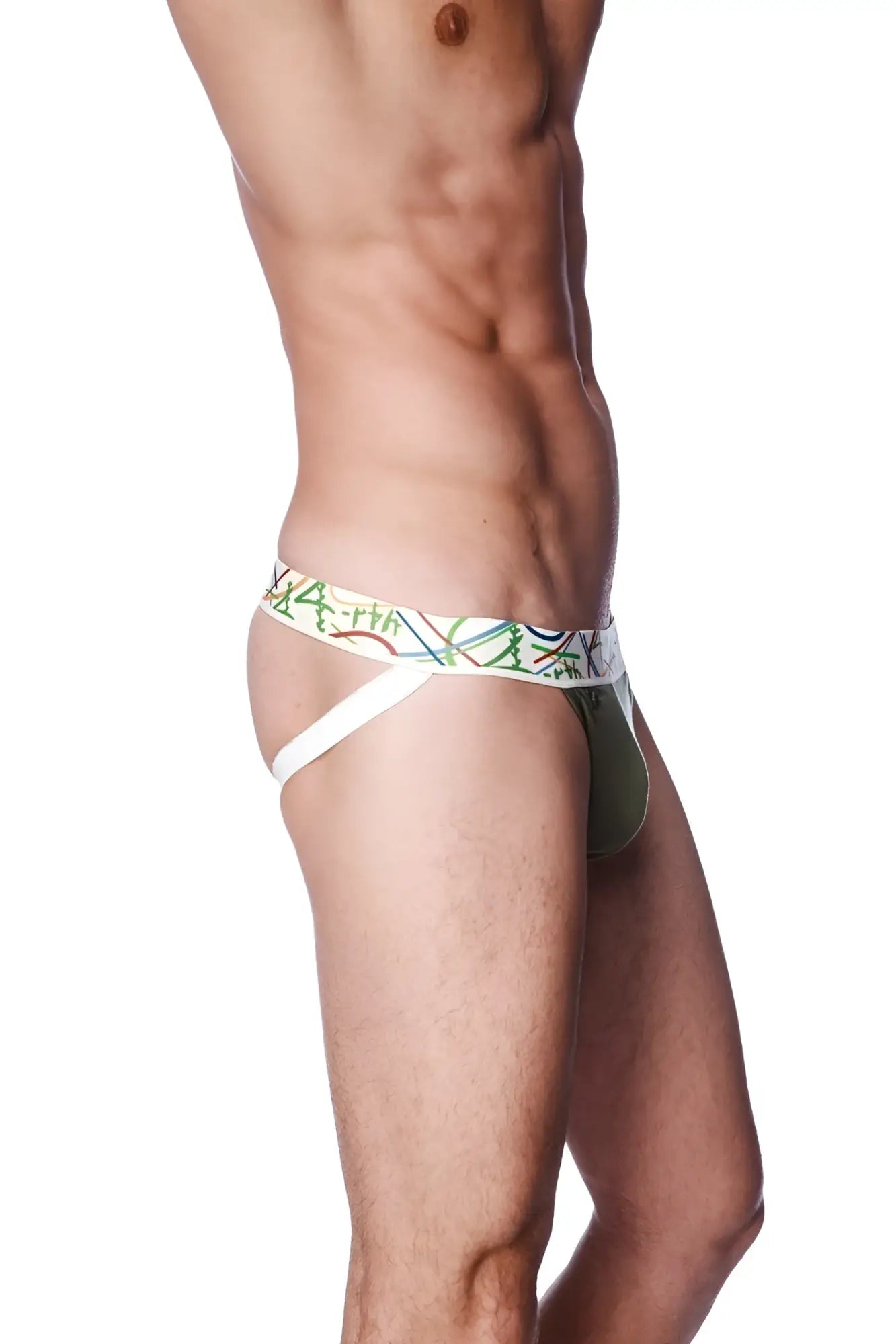 Olive green and white patterned zen jock strap briefs with colorful abstract waistband lines in forest green