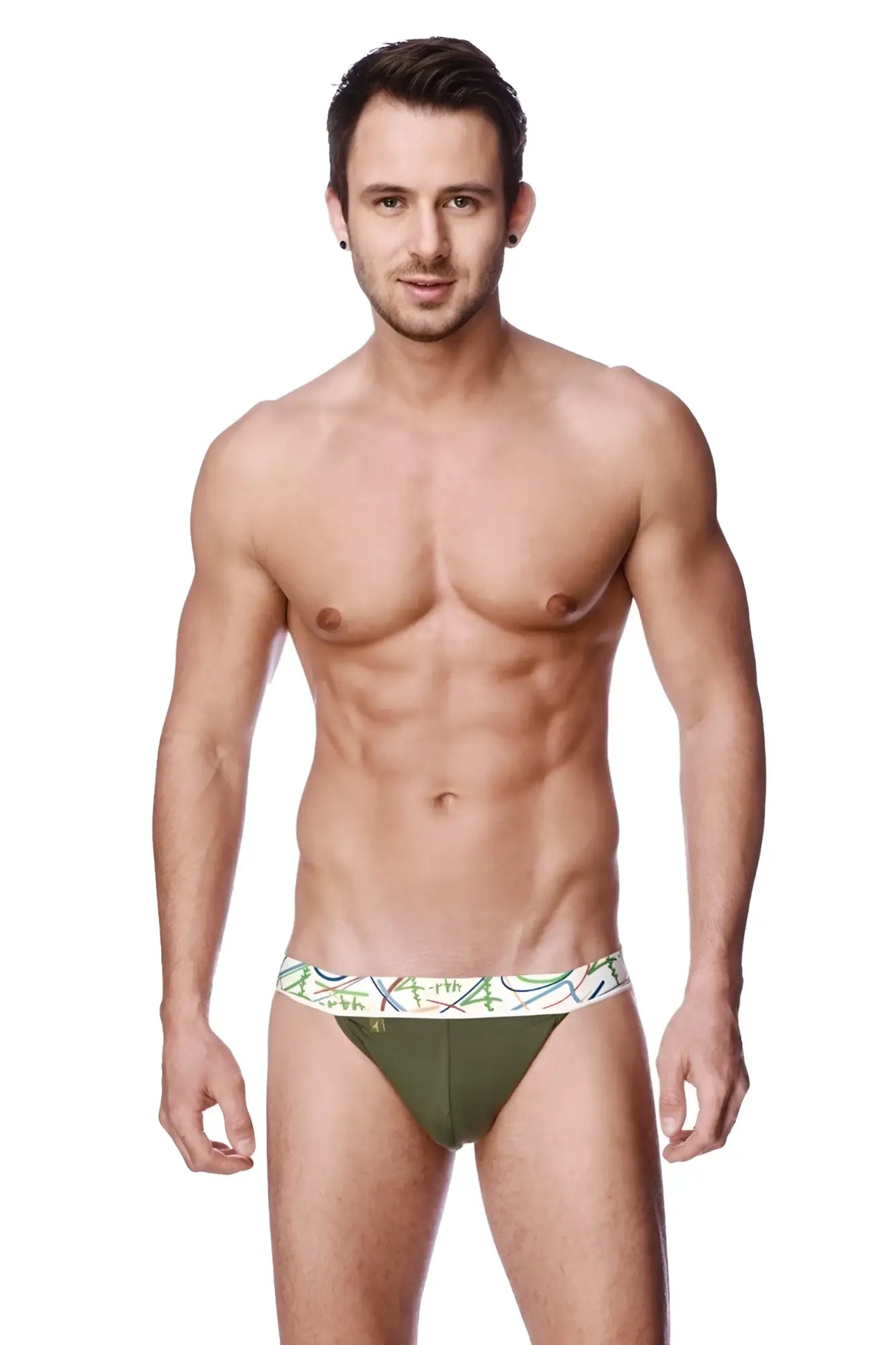 Olive green zen jock strap briefs with white waistband featuring colorful abstract line patterns for men