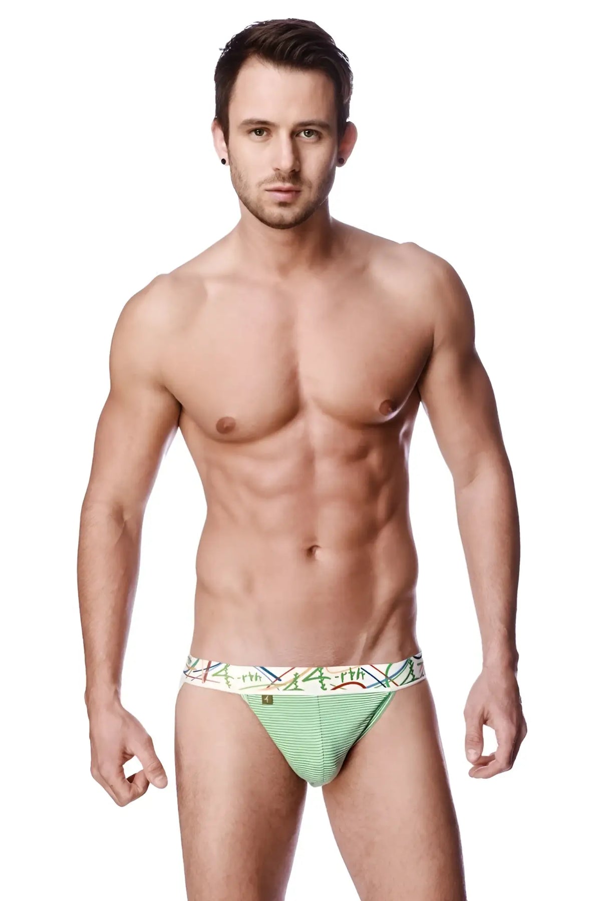 Light green striped zen jock strap briefs with colorful geometric patterned waistband for comfortable support