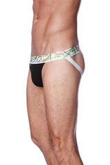 Black zen jock strap with a colorful abstract waistband designed for athletic support and comfort