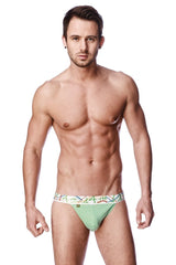 Light green striped zen jock strap briefs with colorful geometric patterned waistband for comfortable support