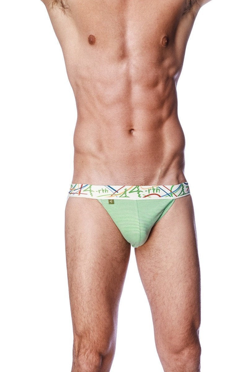 Green striped men’s briefs with colorful 14th patterned waistband from zen jock strap collection