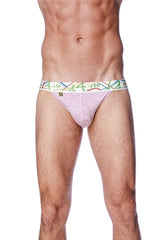 Pink striped zen jock strap briefs with a colorful abstract patterned waistband for comfortable wear