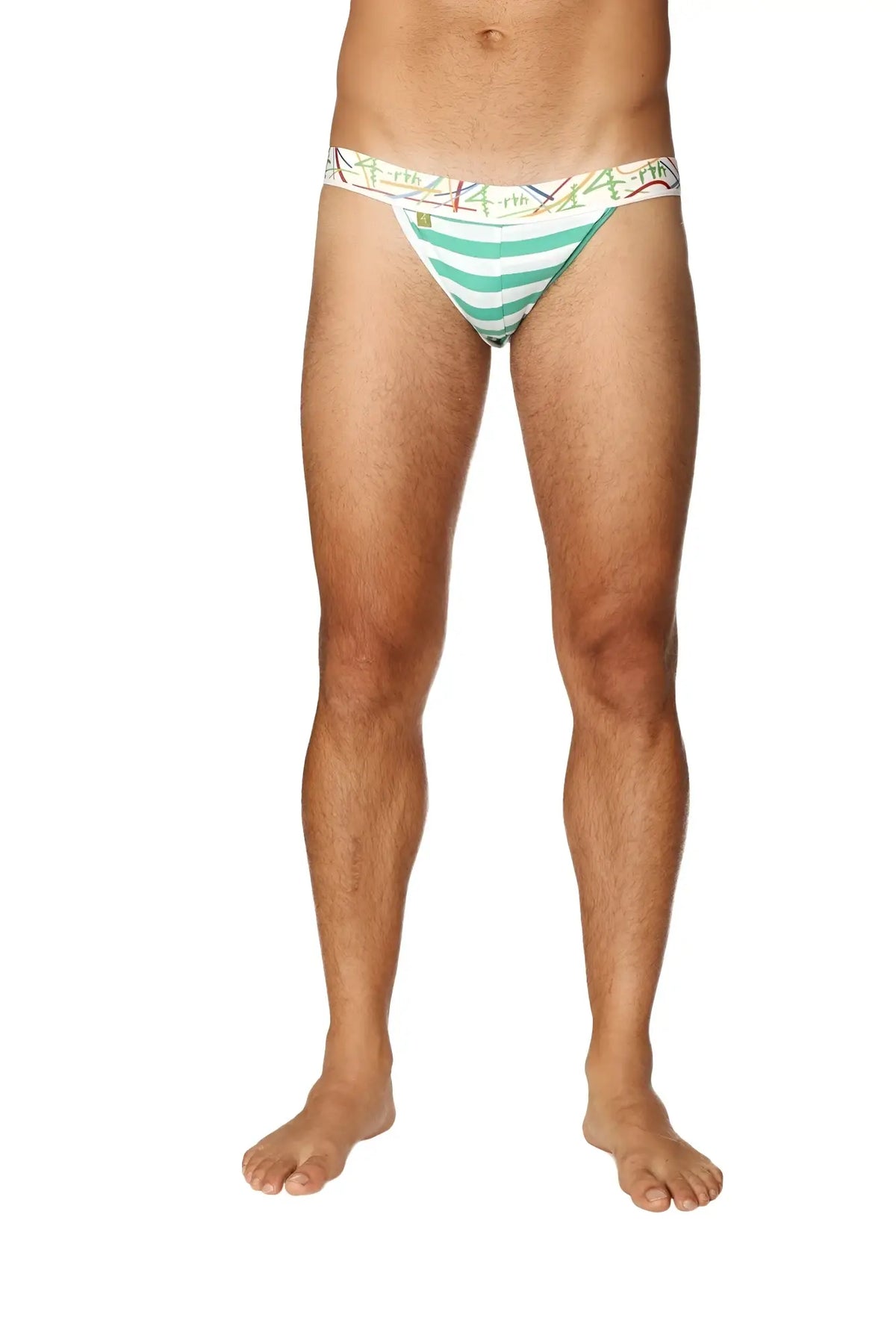 Men’s green and white striped zen jock strap briefs with colorful patterned waistband in nautical green stripe