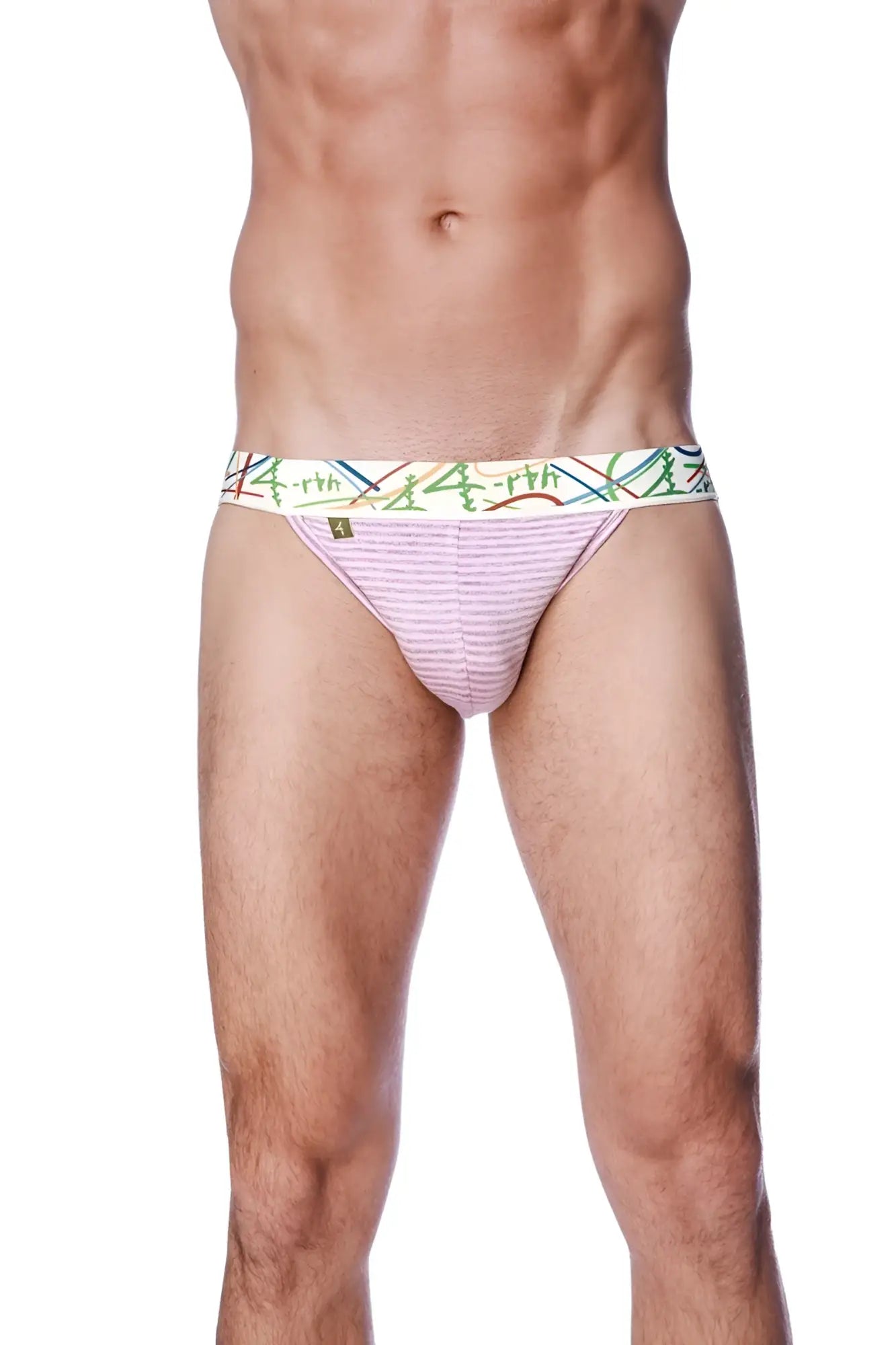 Pink striped zen jock strap briefs with a colorful abstract patterned waistband for comfortable wear