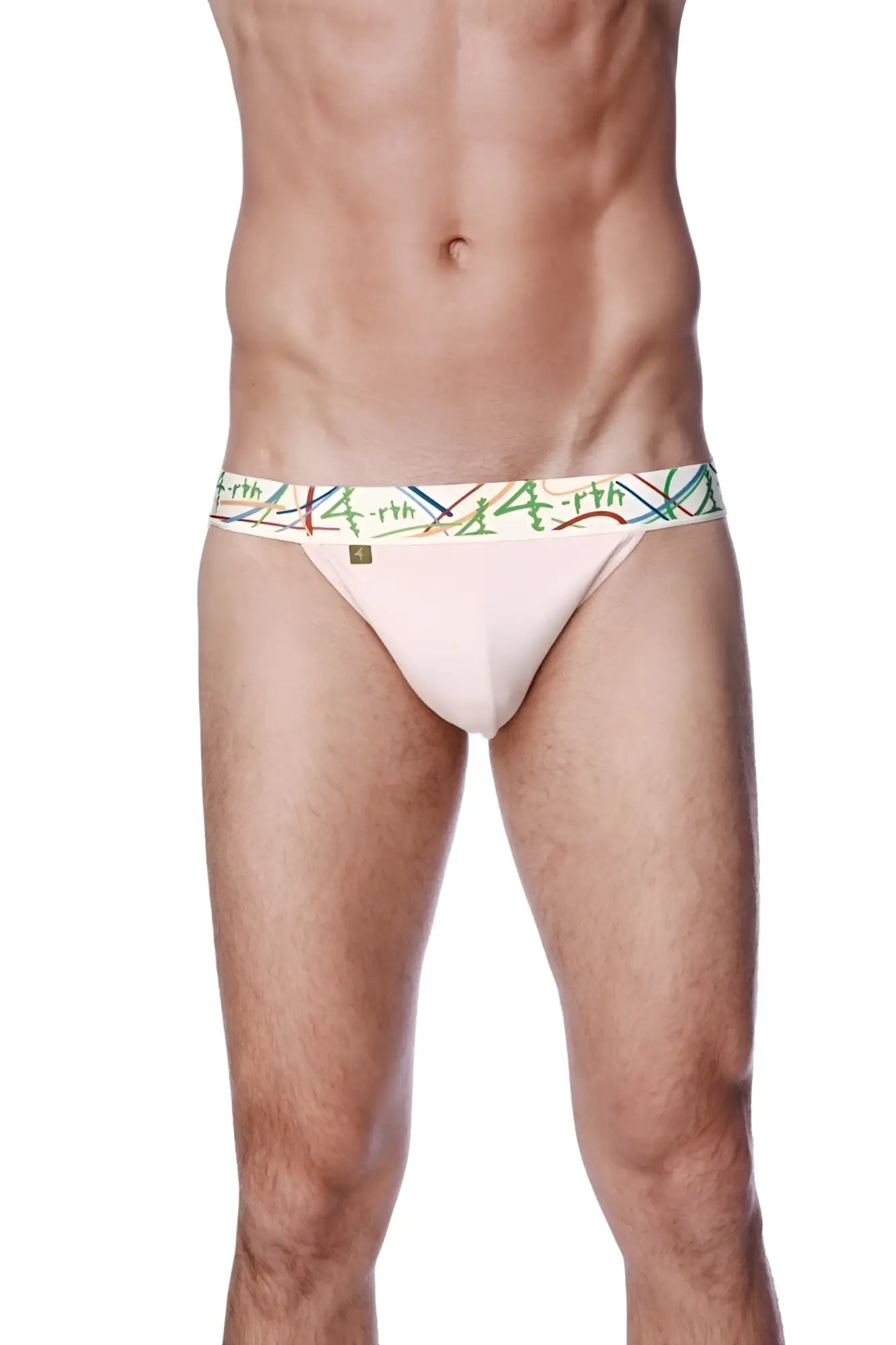 Pink cotton zen jock strap briefs with a colorful earth patterned waistband showing the front side