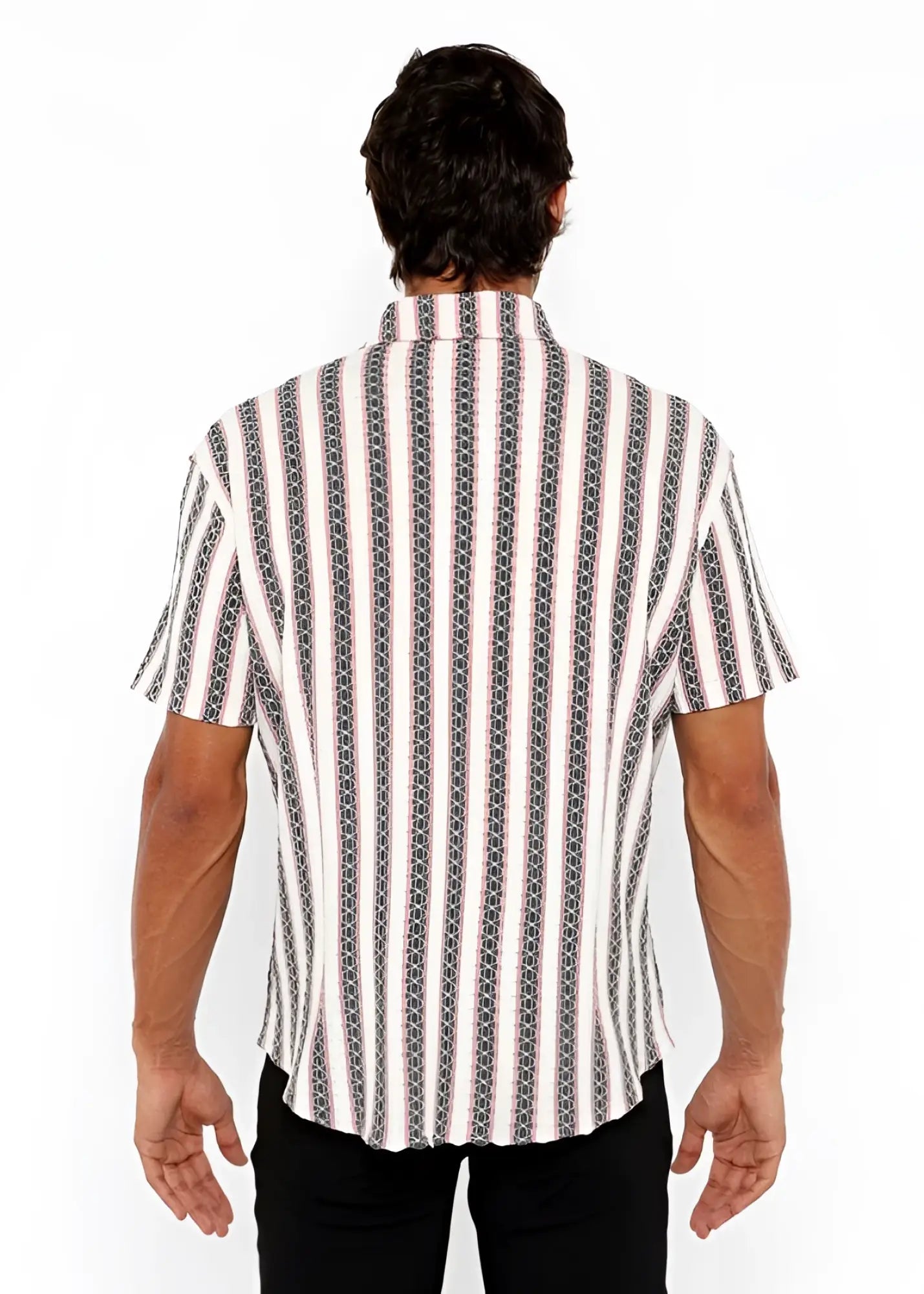 A man wearing a zigzag stripe open stretch knit shirt with white black and gray vertical chain-like patterns